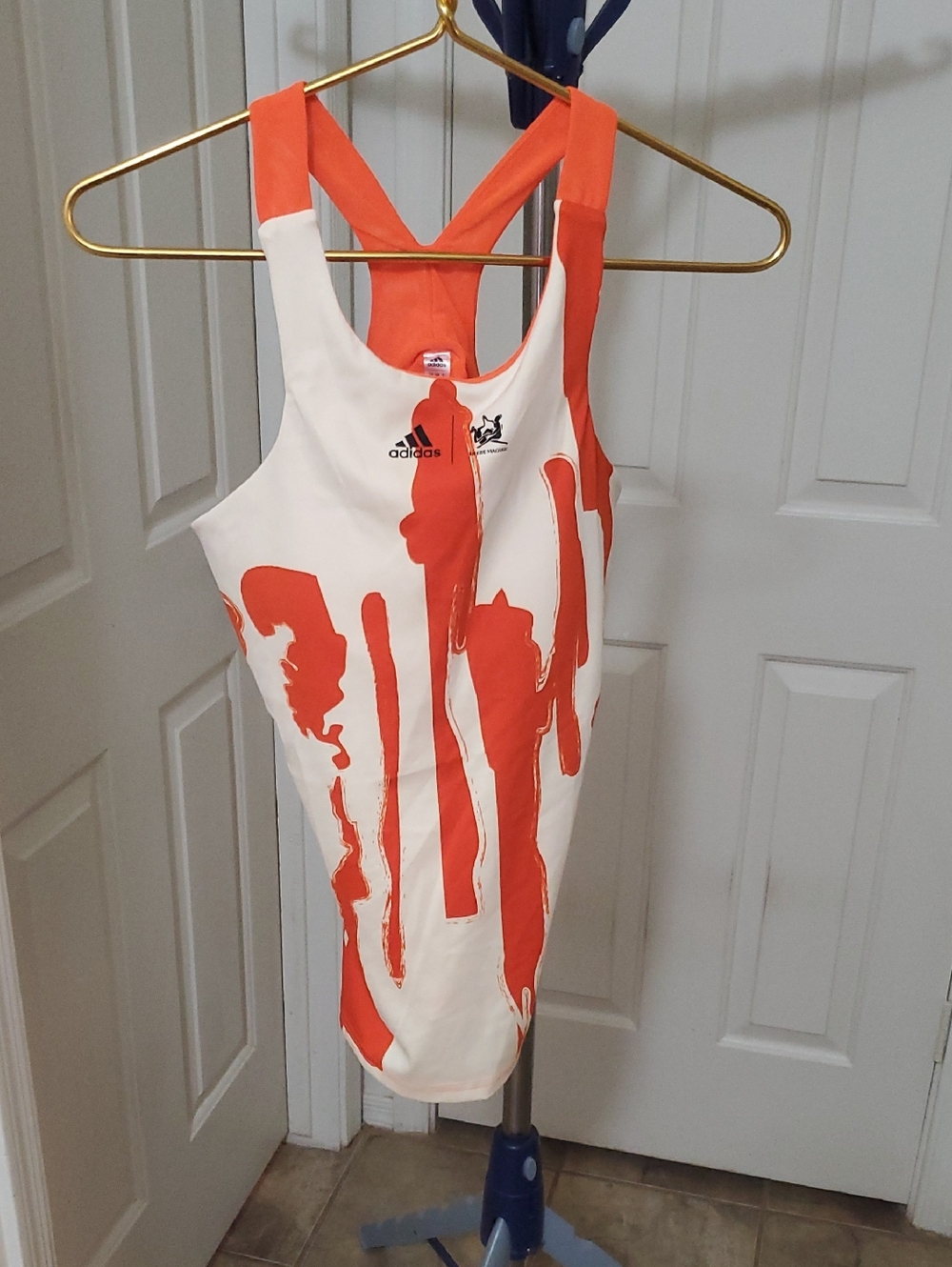 adidas White & Orange Paint-Stripe Athletic One-Piece